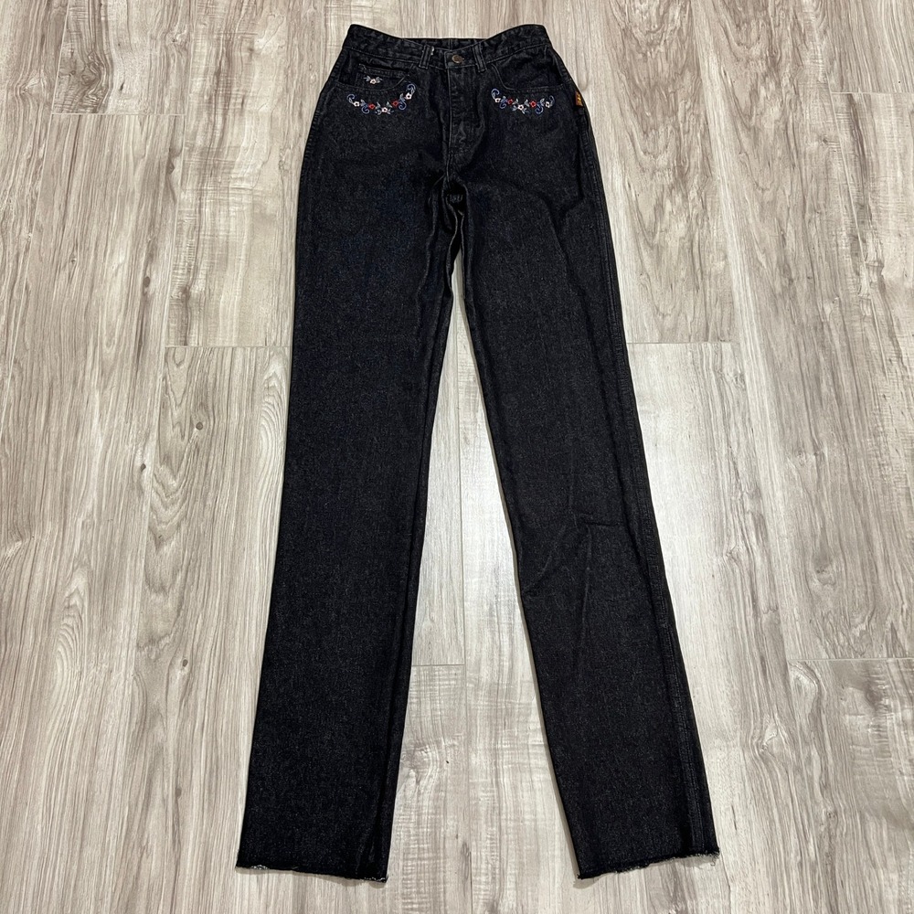 Vintage 80s Sergio Valente Floral Embroidered Black Jeans High Waist 9/10